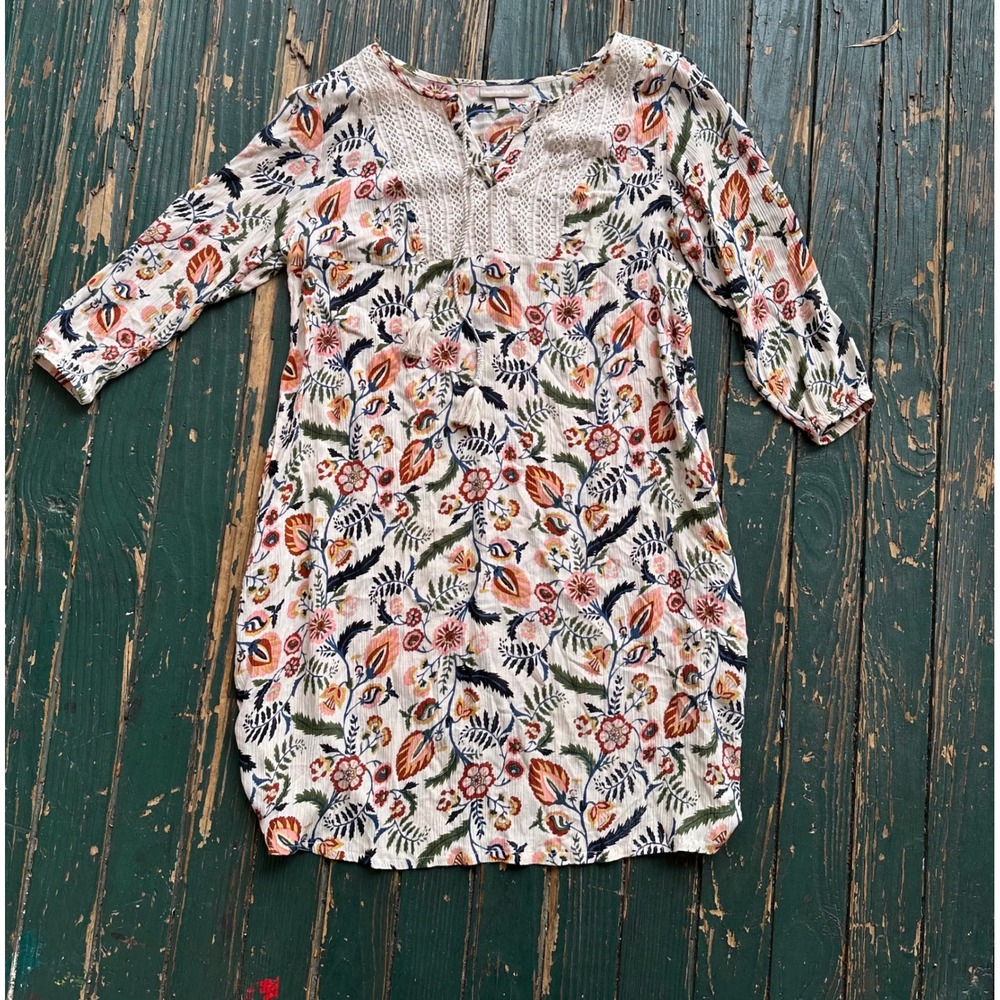 Woman Within Floral Crochet Lace Tunic Dress 14W Ivory Boho Tassel Split Neck